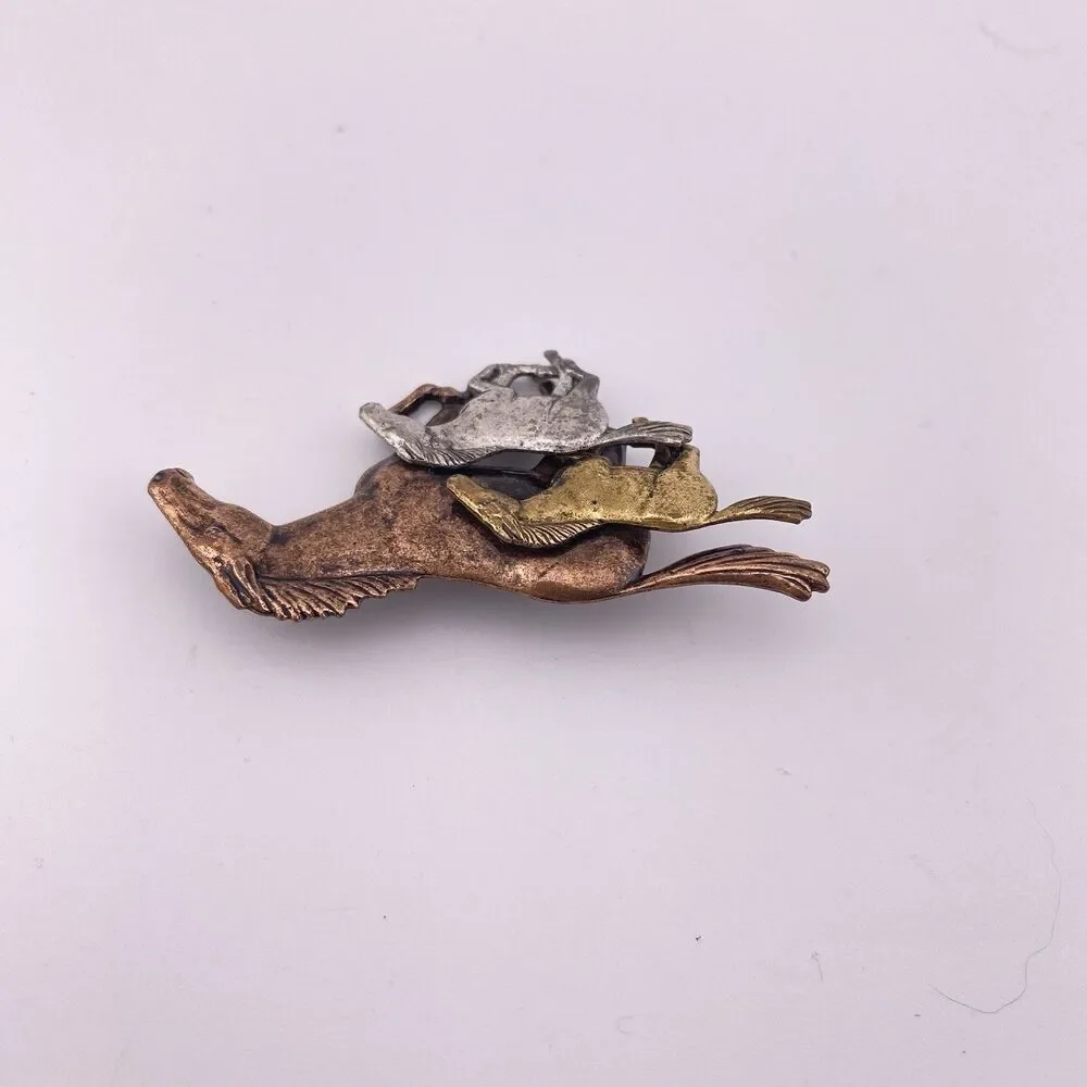Horses Galloping Vintage Tri-Metal Brooch Pin